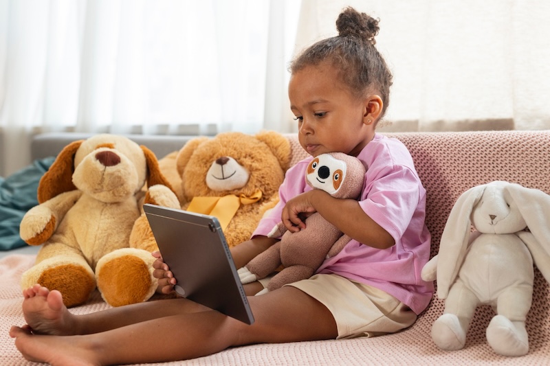 Cute kid with tablet holding stuffed animal