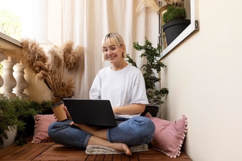 young-blonde-woman-working-from-home-floor-blogging