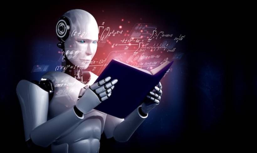 3d illustration of robot humanoid reading book machine learning