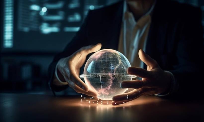 man holding glowing sphere futuristic concept innovation