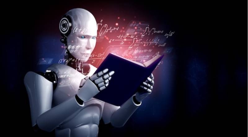 3d illustration of robot humanoid reading book machine learning