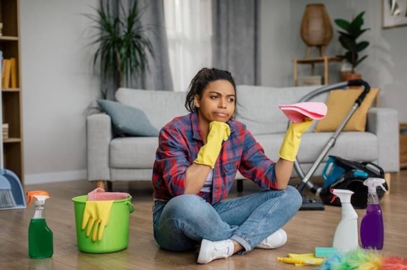 woman in rubber gloves sits on floor with cleaning supplies perplexed expression