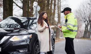 Male police officer in green uniform talking with female car owner