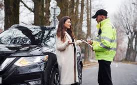 Male police officer in green uniform talking with female car owner