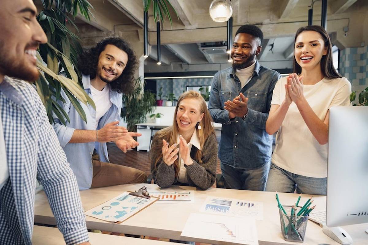 coworkers in modern office-happy